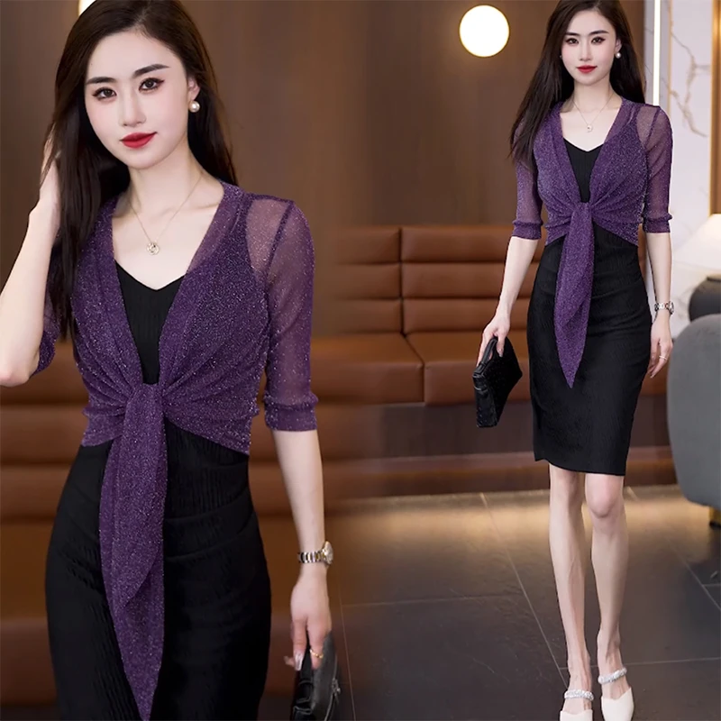 夏季中袖披肩女外搭配吊带裙的小外套薄款纱衣罩衫防晒外披空调衫