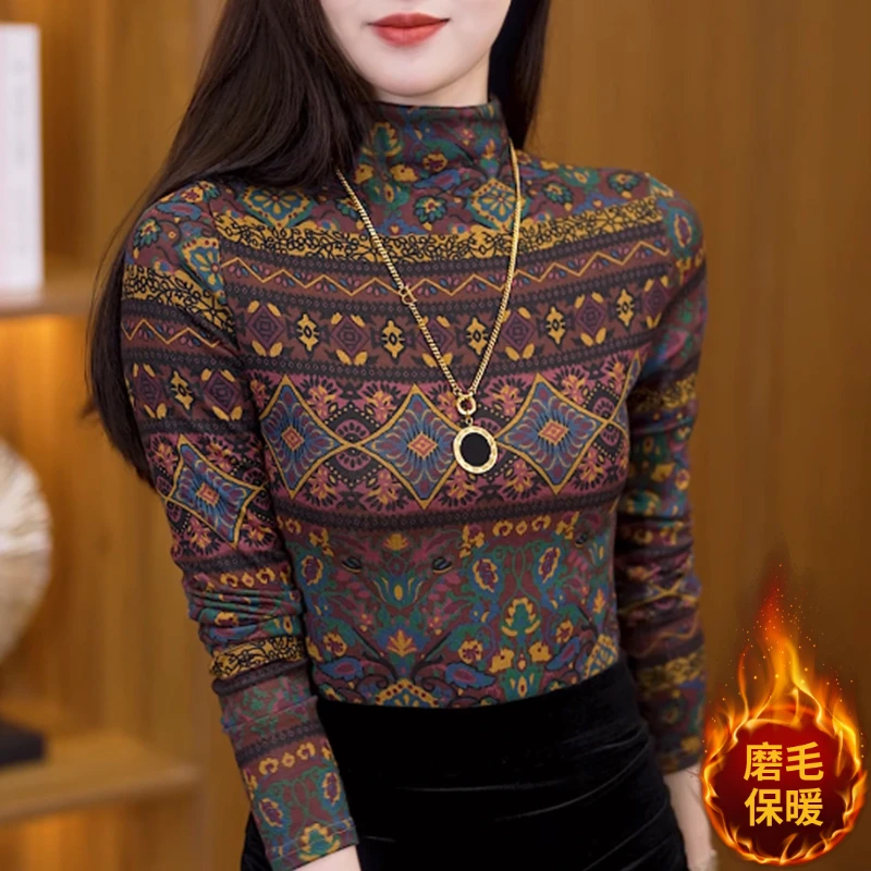 半高领磨毛保暖打底衫秋冬爆款内搭新款时尚减龄洋气条纹显瘦上衣