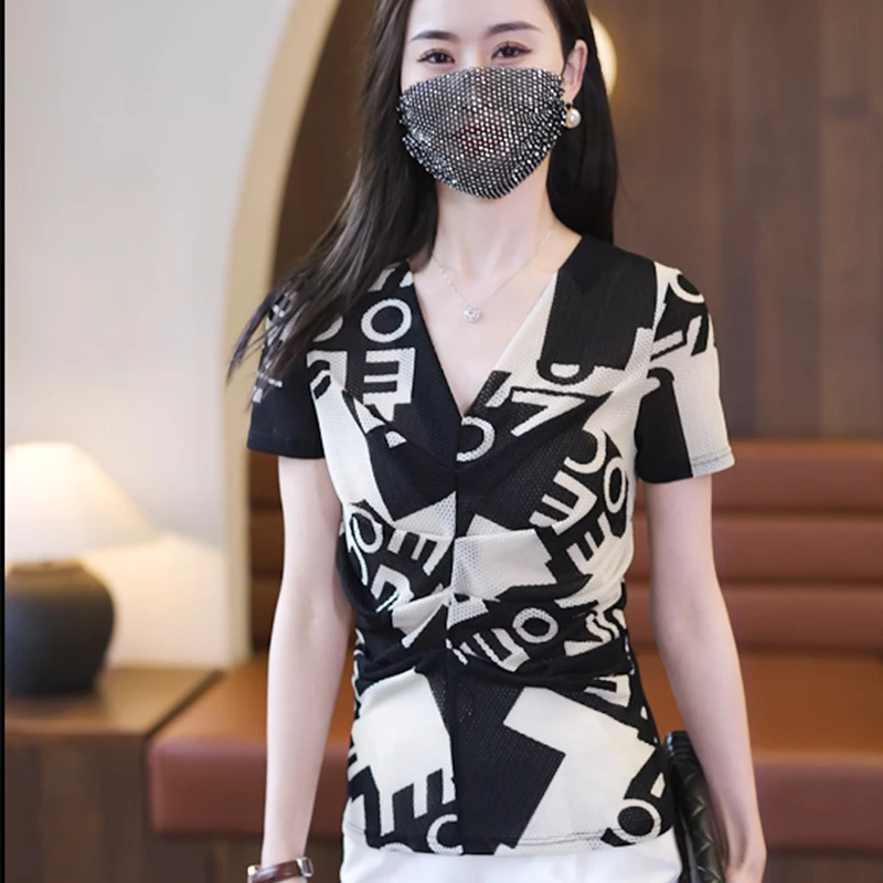 2023年新款夏印花V领琉纱上衣女短袖修身显瘦气质洋气t恤薄款小衫