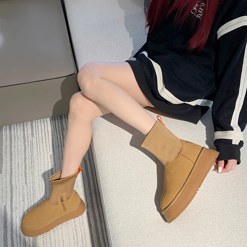 红蜻蜓牌厚底雪地靴女冬季2023新款短靴子加绒加厚皮毛一体保暖面