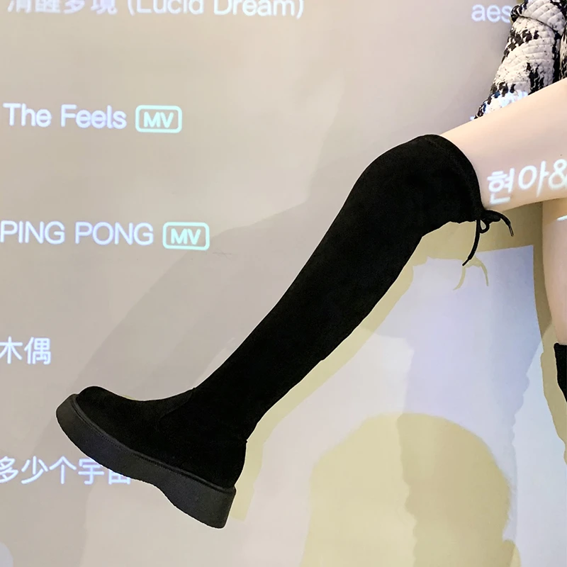 红蜻蜓牌过膝长靴女2023年新款秋冬绒面弹力瘦瘦靴不掉筒厚底显瘦