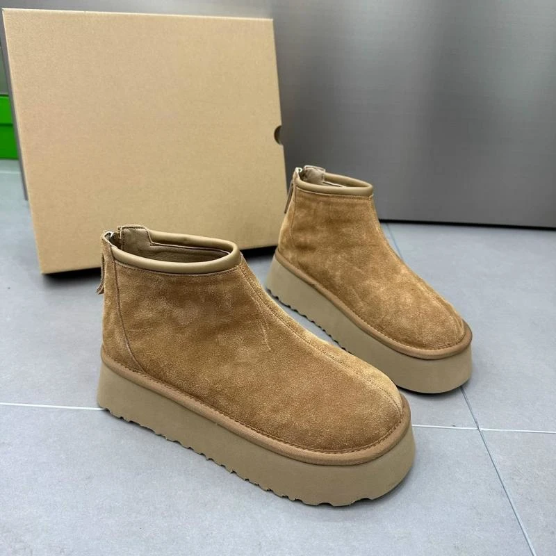 红蜻蜓牌欧洲站真皮翻毛皮松糕厚底加绒短靴圆头百搭保暖雪地靴网