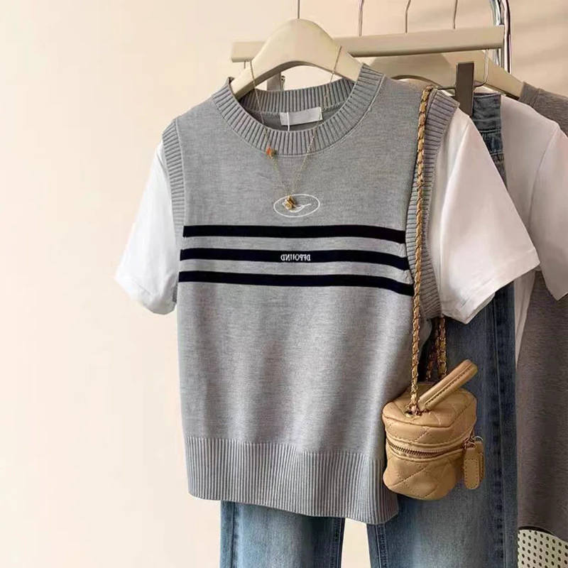 灰色假两件冰丝针织短袖t恤女大码胖妹妹宽松显廋设计感正肩上衣