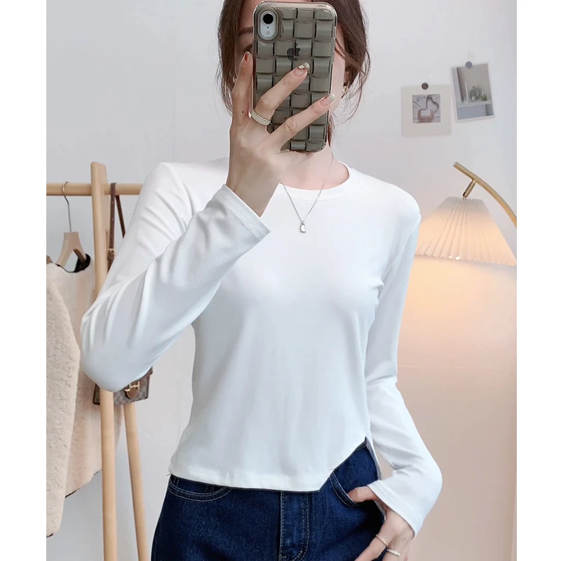 2024春秋新款长袖显瘦内搭打底衫女纯色简约百搭圆领设计感T恤