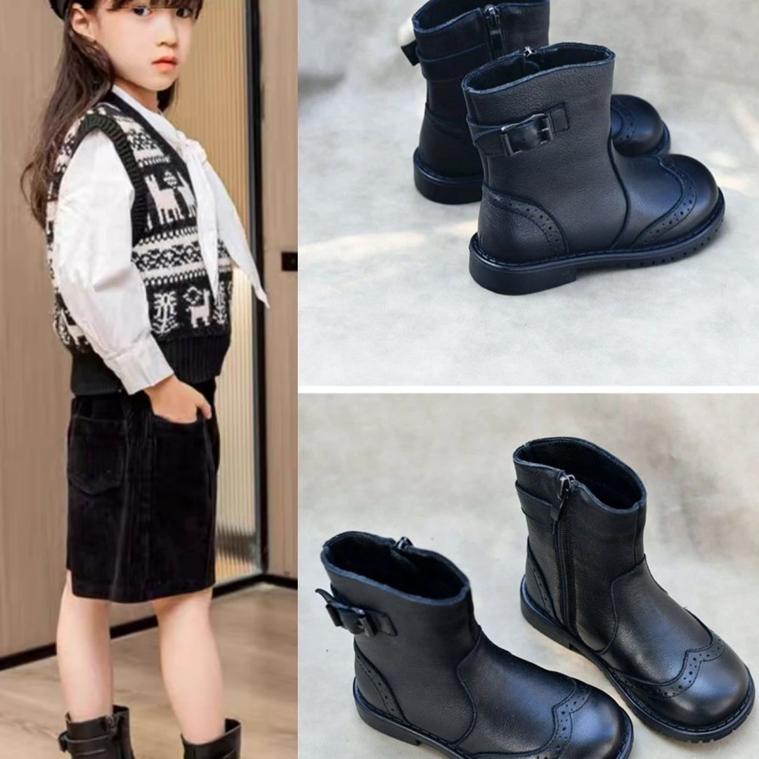 真皮女童鞋子马丁靴2025新款秋冬时尚公主洋气小女孩加绒儿童短靴