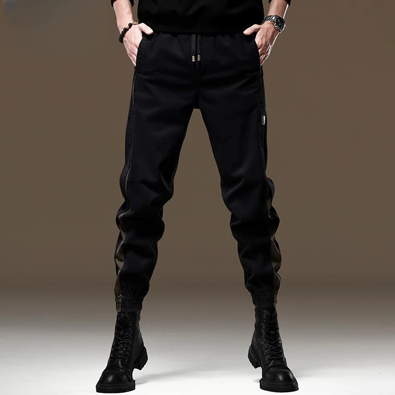 皮尔卡丹设计感拼接撞色拼工装裤宽松束脚裤2025秋冬新款休闲裤男