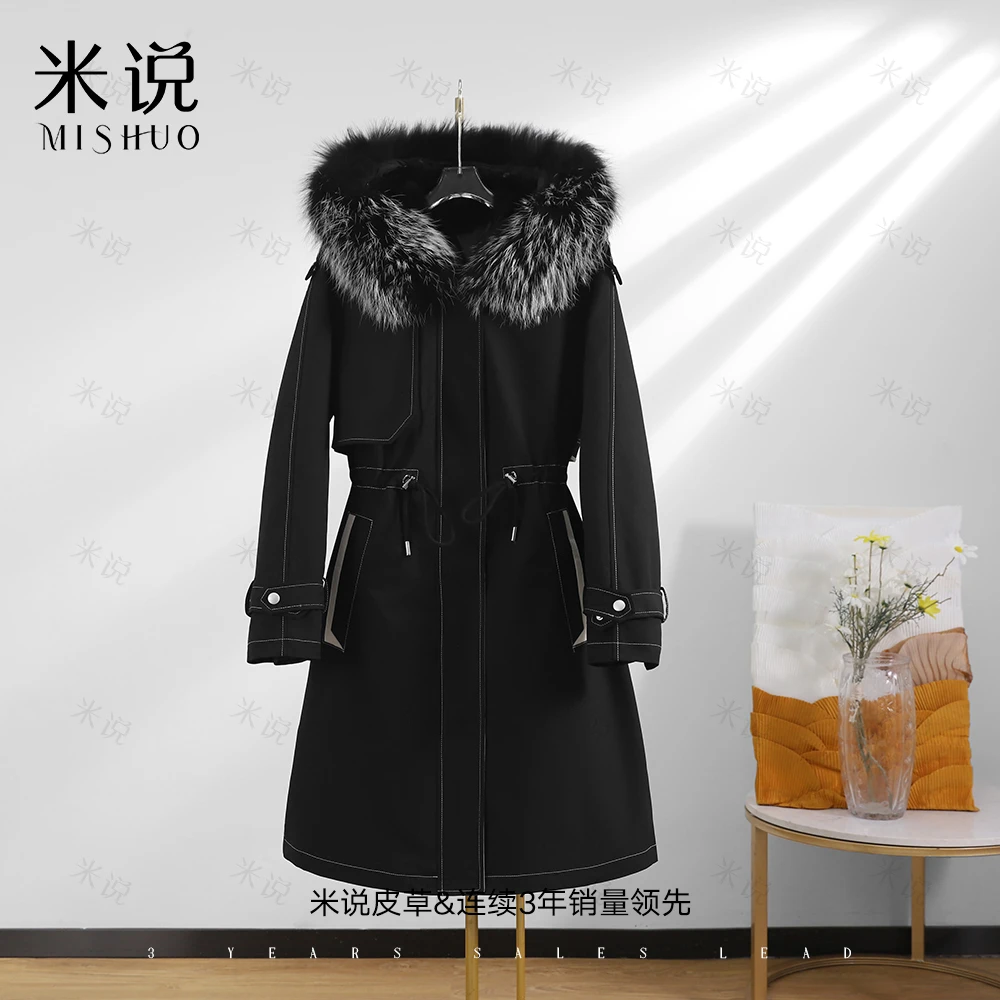 【杨柳】2024款真毛领派克服女中长款兔毛内胆可拆卸修身皮草外套