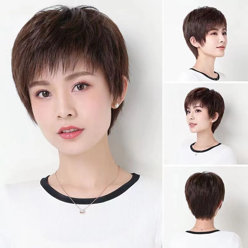 假发女短发全真人发全头套女士中老年妈妈发套自然轻薄透气蓬松款