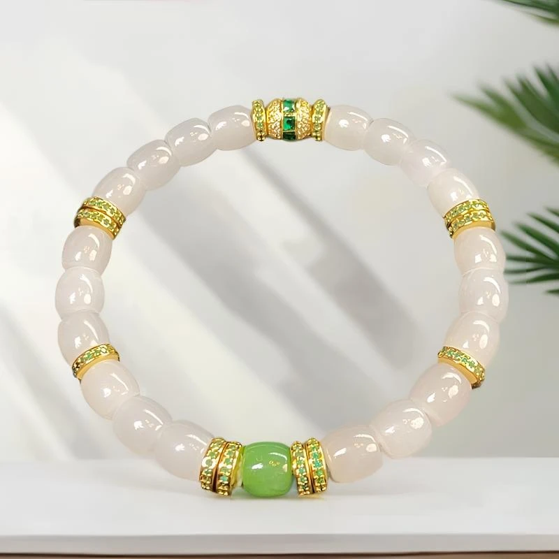 【云恒·皎翠】纯天然和田玉 青海白玉 俄料碧玉 7*8极限弧手串