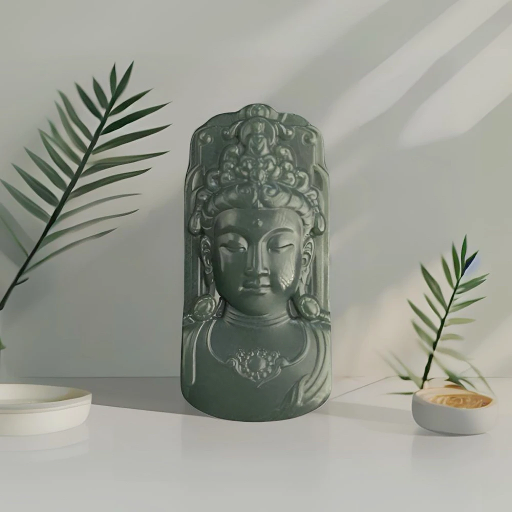 正品新疆纯天然和田玉青玉蓝调观音吊坠大师手工雕刻工艺