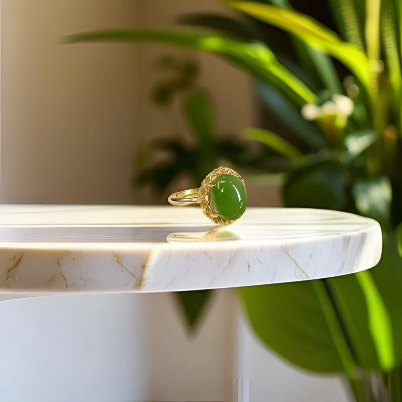 S925银镀金镶嵌正品纯天然和田玉碧玉蛋面戒指