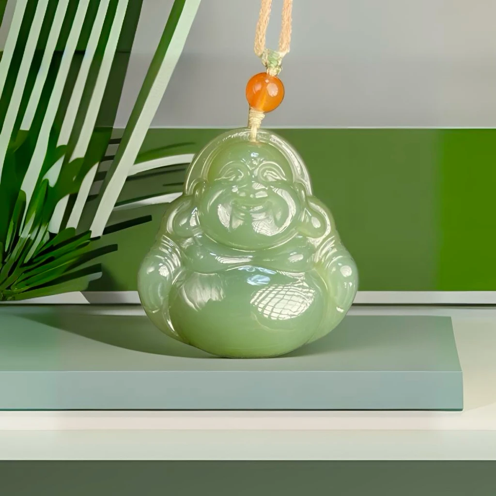 正品纯天然和田玉高冰底湖水绿女款精美佛公吊坠