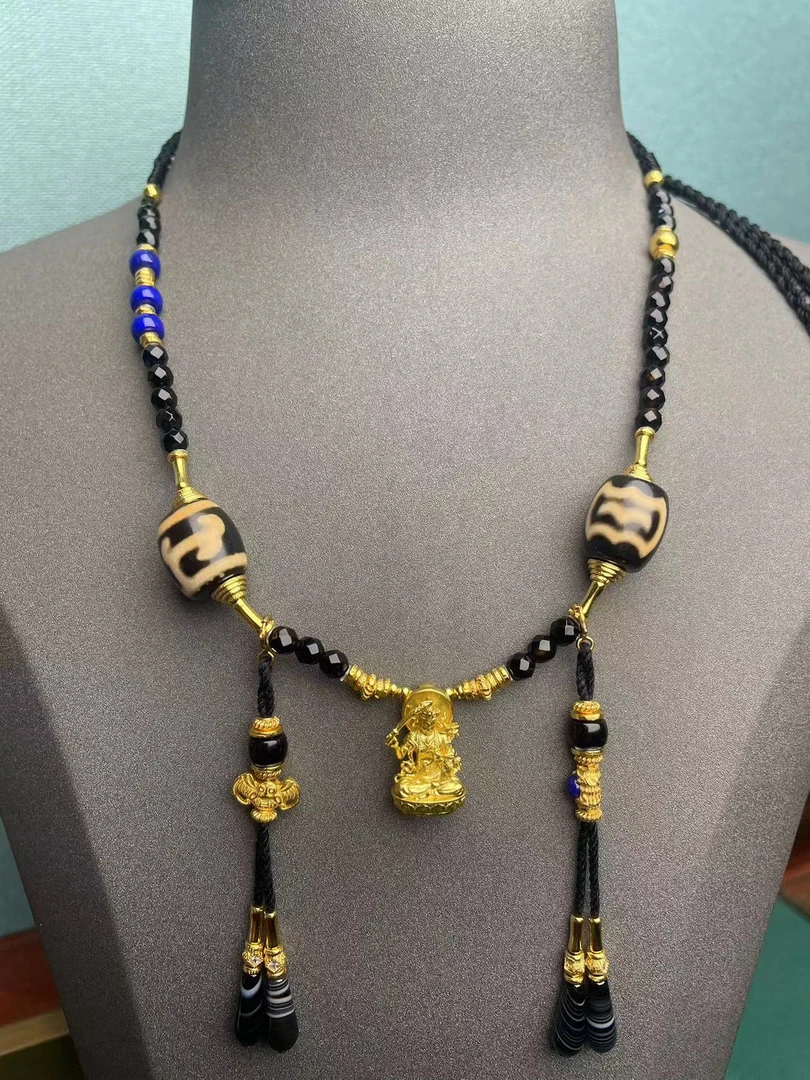 手工设计竖版银镶文殊大鹏度母玛瑙多宝项链6983n