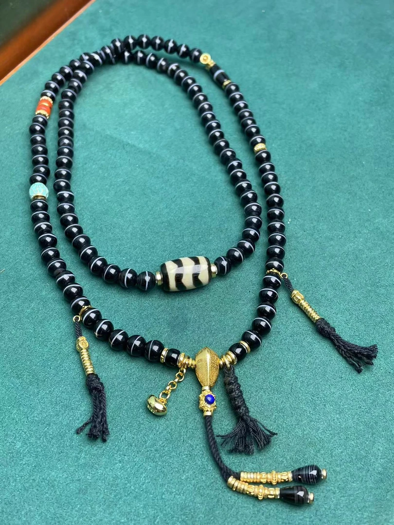 手工设计双水纹药师玛瑙多宝多圈项链