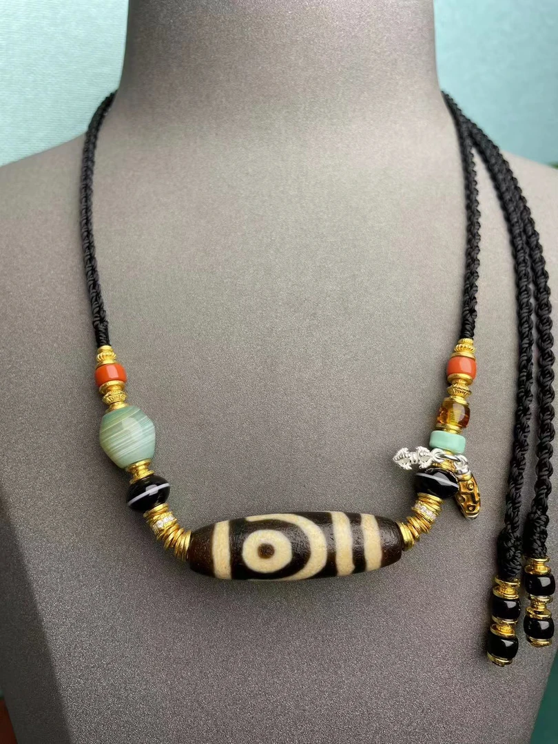 手工设计横版如意二玛瑙多宝项链7125D