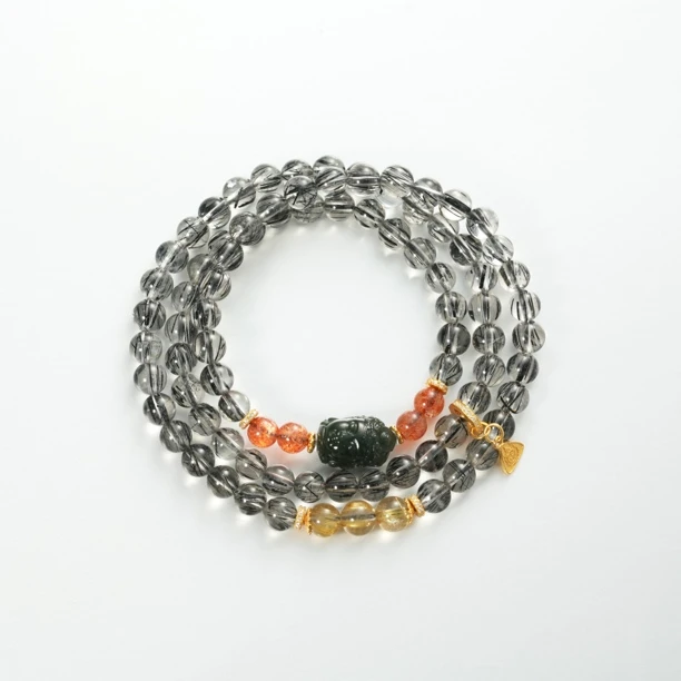 手工设计塔青扎基黑发晶多宝多圈手串6530F多样性发一