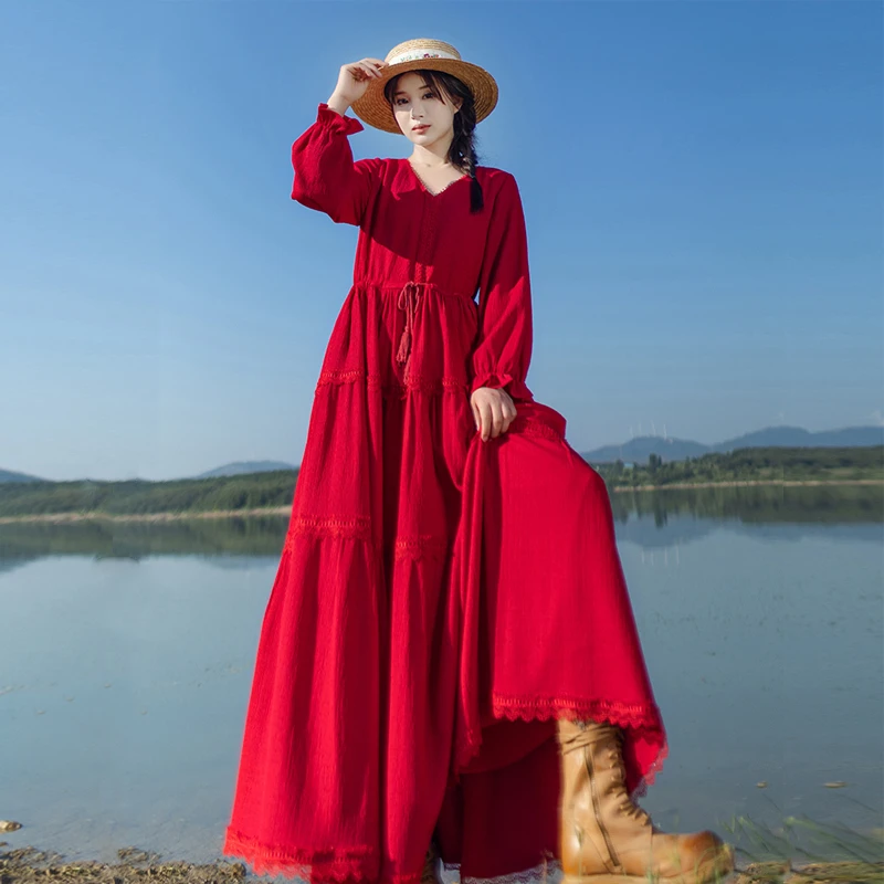 秋冬季新款民族风红色长袖V领抽绳显瘦系带花边连衣裙大摆长裙女