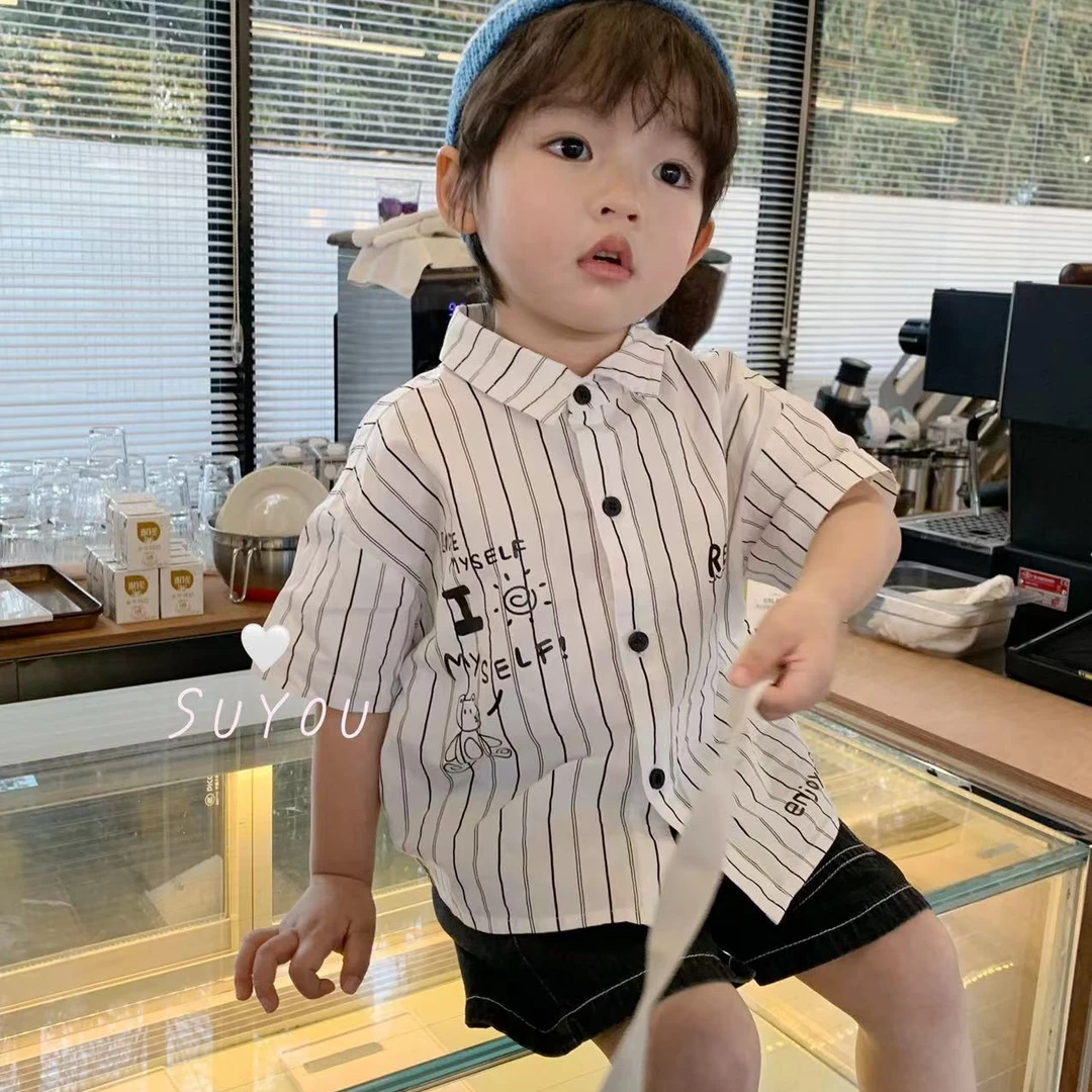 儿童衬衫上衣童装男童夏季条纹韩版短袖洋气时尚薄款帅气宝宝