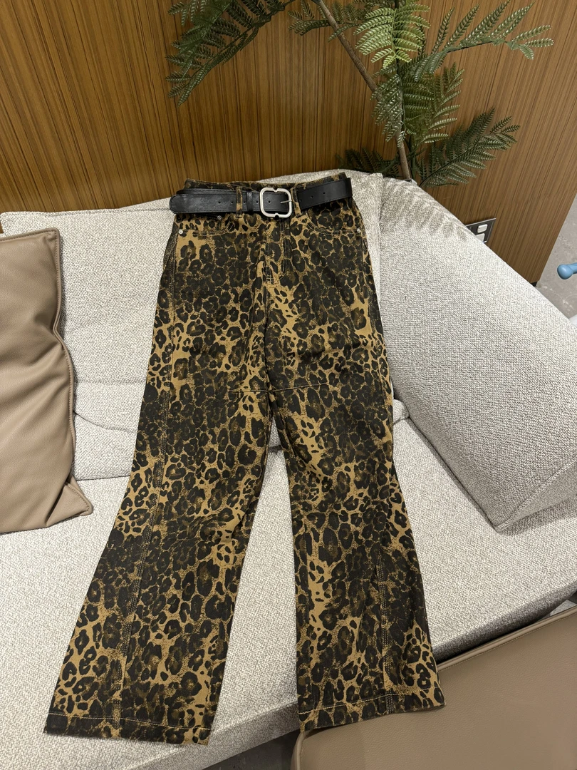 s1332 2024早秋 美式复古豹纹阔腿牛仔裤