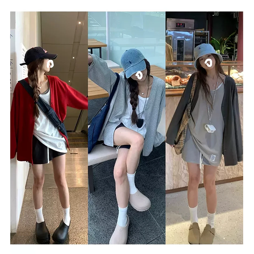 早秋装慵懒风纯色开衫外套休闲新款韩版宽松V领长袖针织衫女百搭