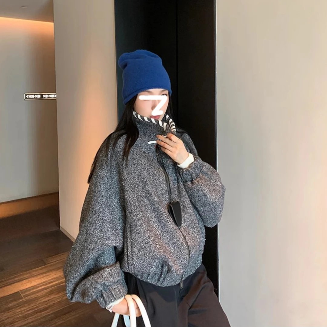 翻领花灰色小香风外套女休闲复古高级感韩系宽松夹克上衣kk-08643