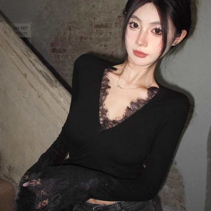 黑色领蕾丝打底衫女春秋季小个子修身内搭针织衫长袖恤短款上衣