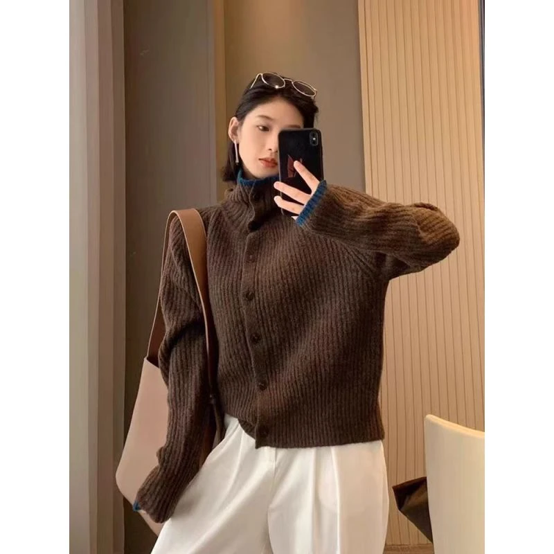 【梓薇推荐】秋冬新款立领针织衫毛衣休闲慵懒风上衣女显瘦外套开衫