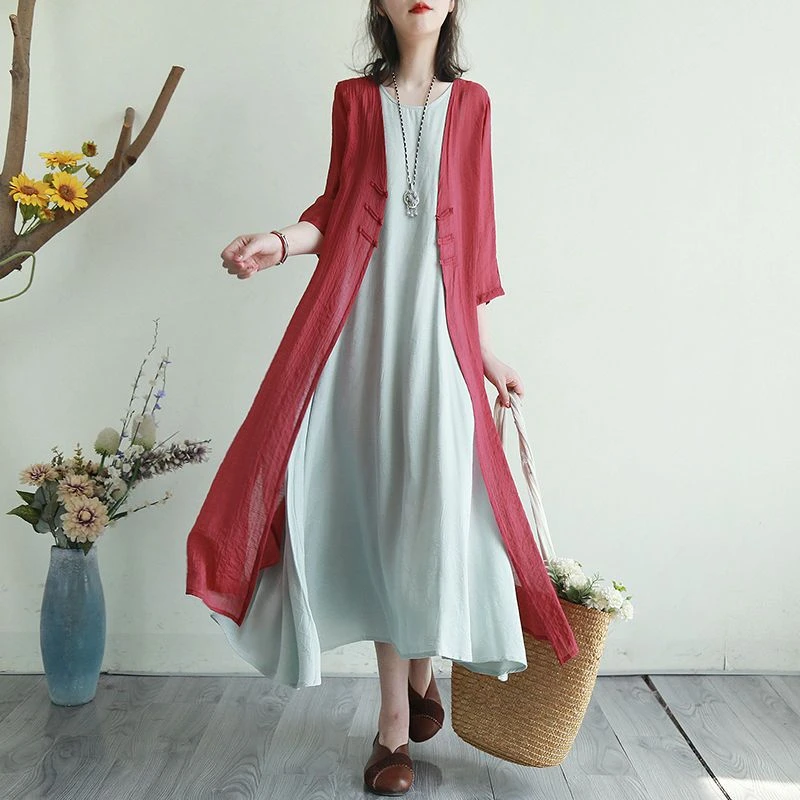 【防晒开衫】6308#夏季长款盘扣外搭开衫宽松防晒衣森女系