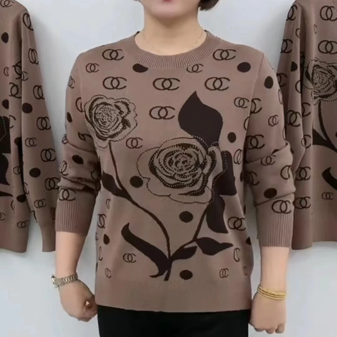 新款秋冬时尚妈妈装长袖针织衫洋气休闲圆领百搭宽松套头妈妈上衣