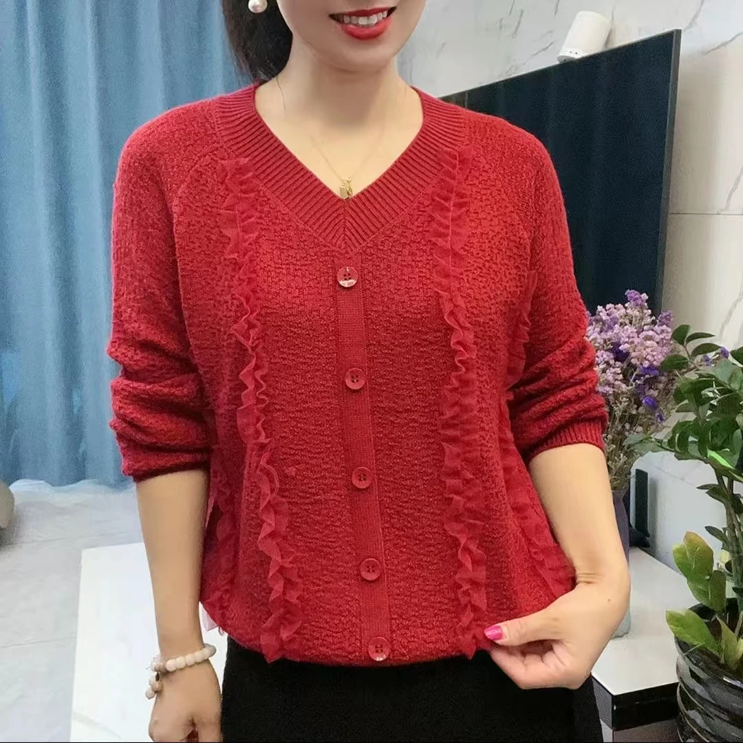 新款秋冬v领针织衫气质针织衫妈妈装套头休闲宽松长袖百搭针织衫