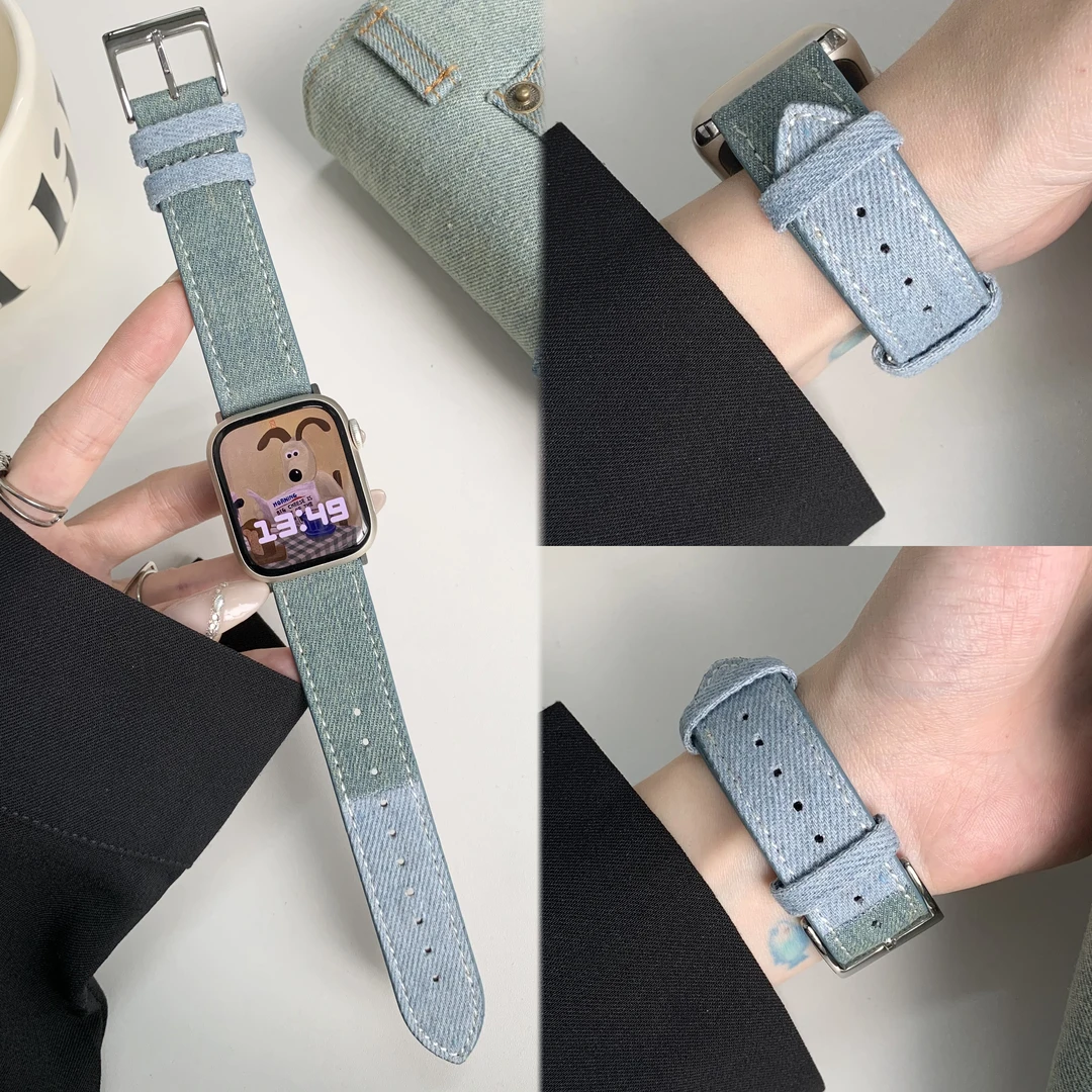 新款拼色帆布牛仔适用于iwatch表带applewatchs9s8765代se男女款