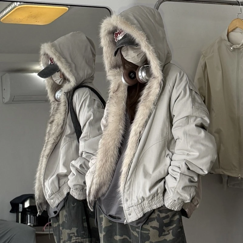 座山雕毛领短款棉服男冬季加绒防寒情侣棉衣美式高古拼接连帽夹克