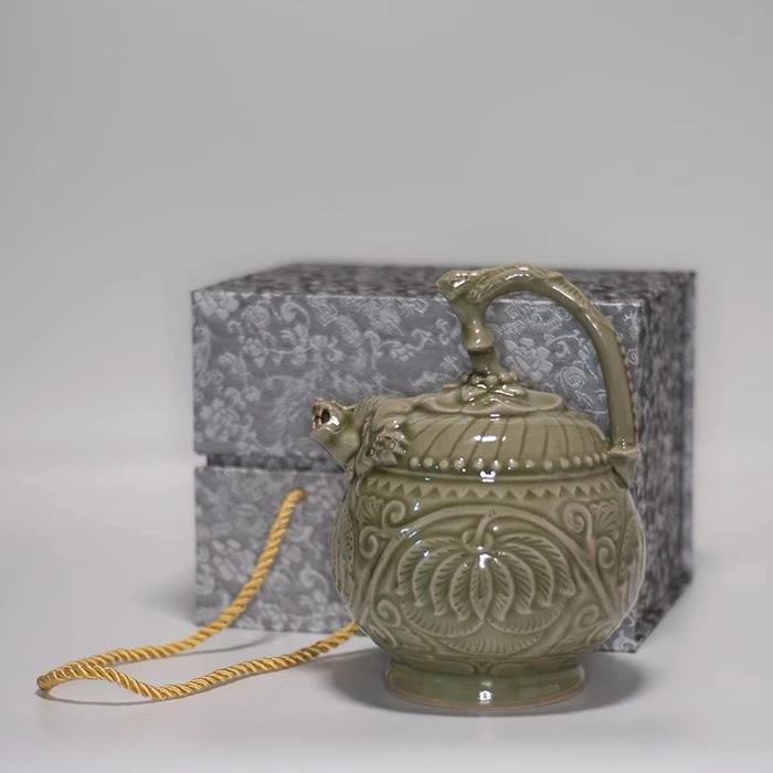青瓷两心回心壶雕刻鸳鸯倒灌倒流倒注倒装壶茶酒具器仿古陕西手工