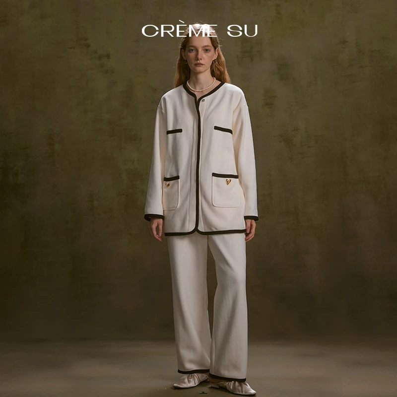 CremeSu家居服coco系列撞边简约长裤半裙套装小香风可外穿睡衣