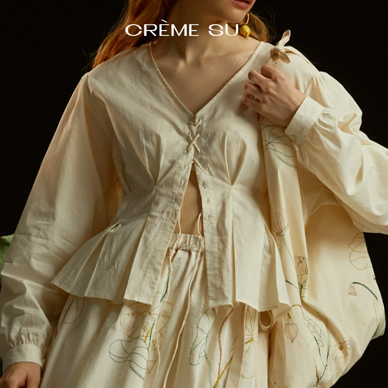 CremeSu古风宣色系列衬衫半裙法式中国风刺绣度假裙女夏吊带