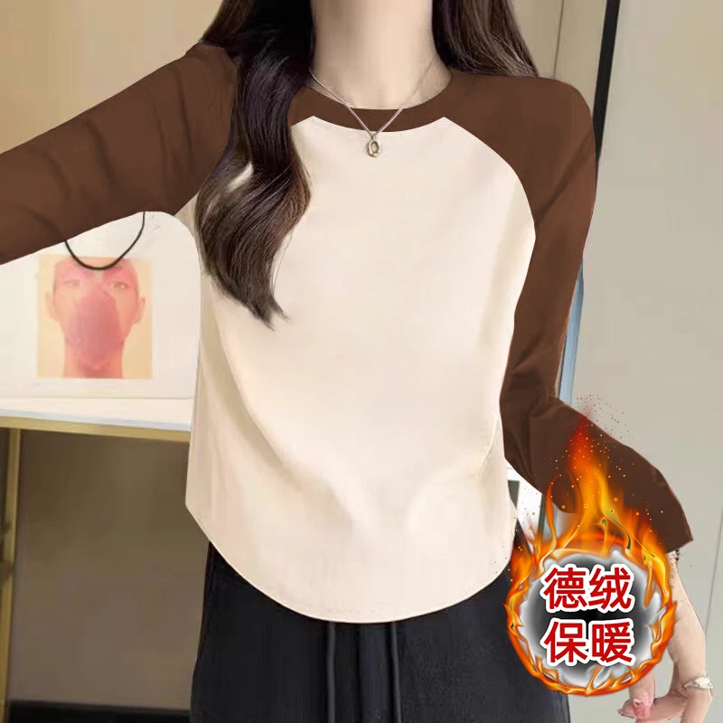 打底衫圆领弧形下摆德绒长袖女今年秋冬季新款韩版修身不规则上衣