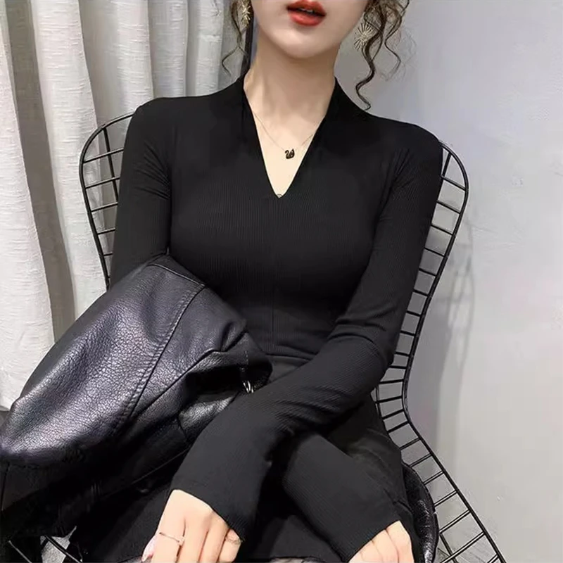 德绒纯色V领长袖小个子女装秋冬季新款修身打底衫内搭显瘦T恤上衣