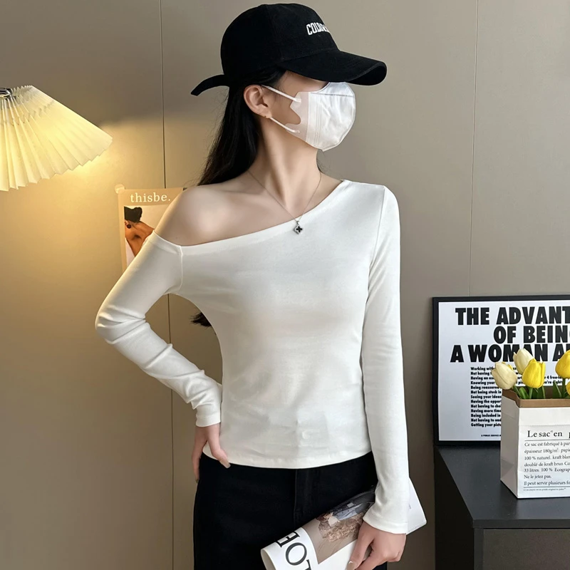 2024早秋新款白色斜肩一字领打底衫女洋气内搭修身显瘦设计感上衣
