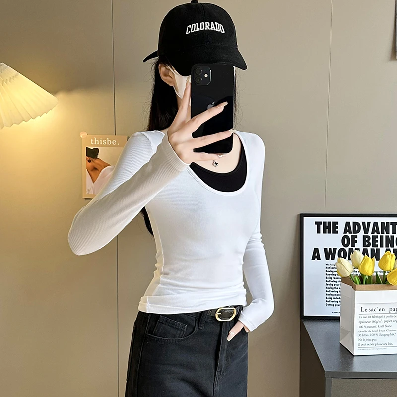 2024早秋新款白色u领打底衫女长袖内搭修身显瘦设计感假两件上衣