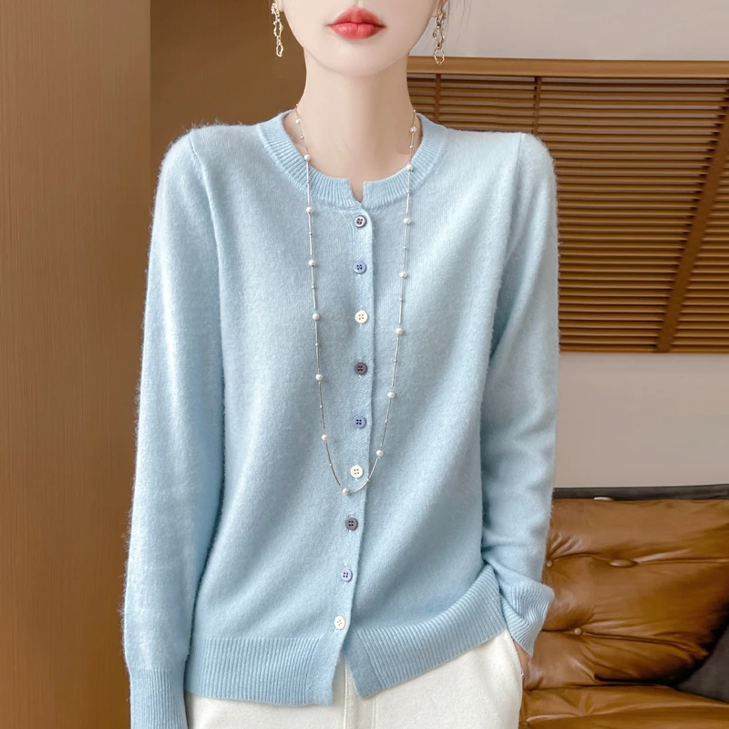 圆领开衫羊毛衫100%纯羊毛针织外套羊绒毛衣女宽松时尚保暖秋冬