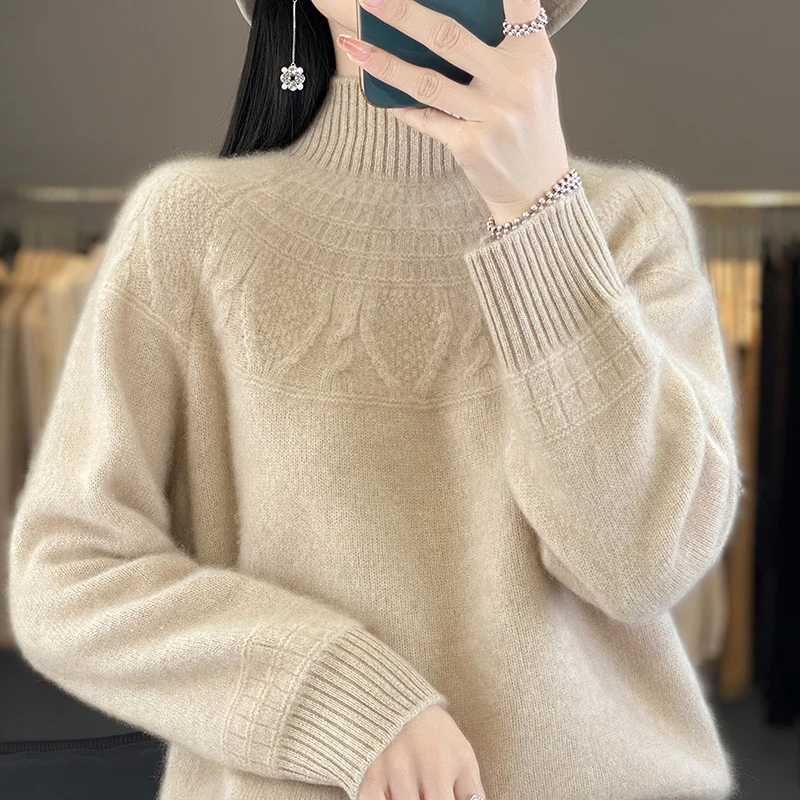 半高领羊毛衫100%纯羊毛加厚针织打底宽松套头羊绒毛衣女秋冬爆款