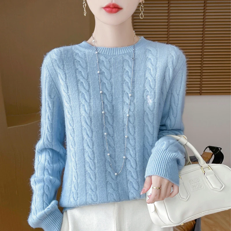 加厚绞花圆领羊毛衫100%纯羊针织打底套头宽松羊绒毛衣女气质时尚