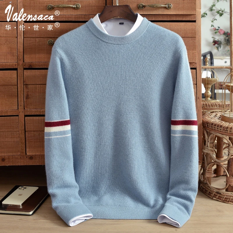 华伦世家【男士100%纯山羊绒】秋冬12针单股圆领纯色加厚羊绒衫8168