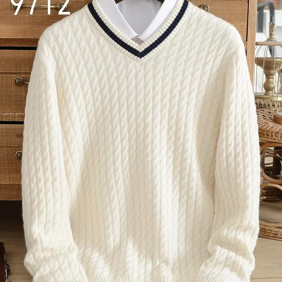 华伦世家男士时尚商务V领经典麻花工艺纯山羊绒衫9712