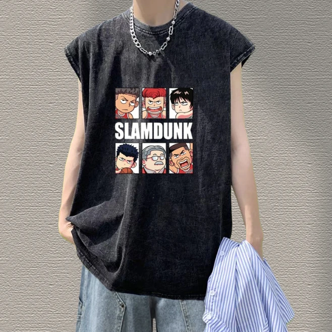 美式复古卡通印花无袖T恤男款夏季潮牌水洗做旧潮流美式背心男款