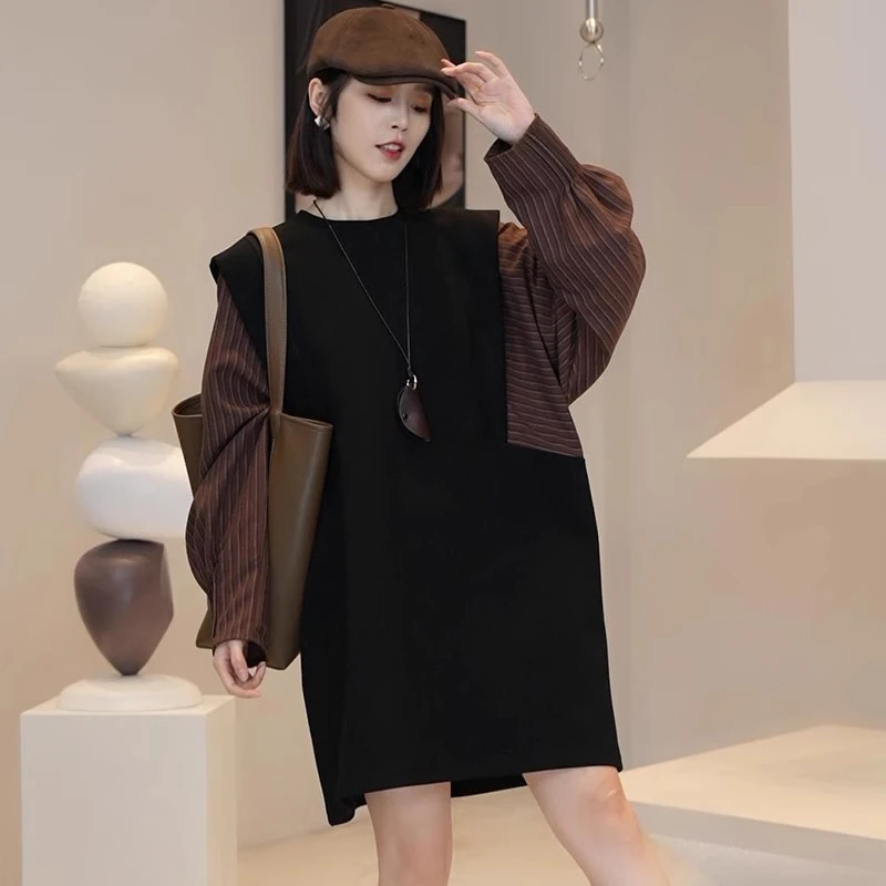 韩系复古假两件拼接长袖连衣裙女2024秋季洋气显瘦遮肚子中长裙潮