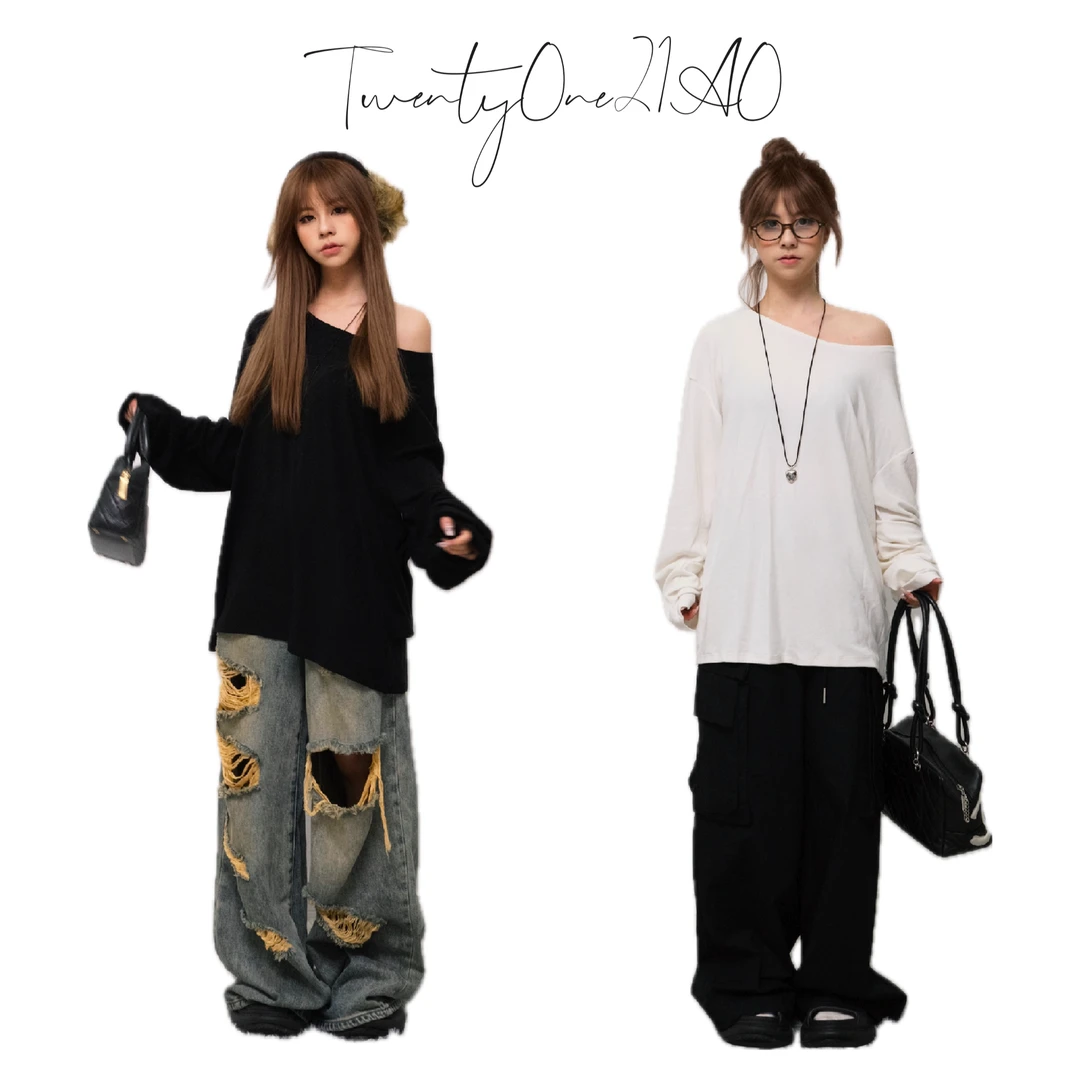 TwentyOne21AO慵懒风长袖T恤宽松显瘦ins打底衫一字斜露肩百搭