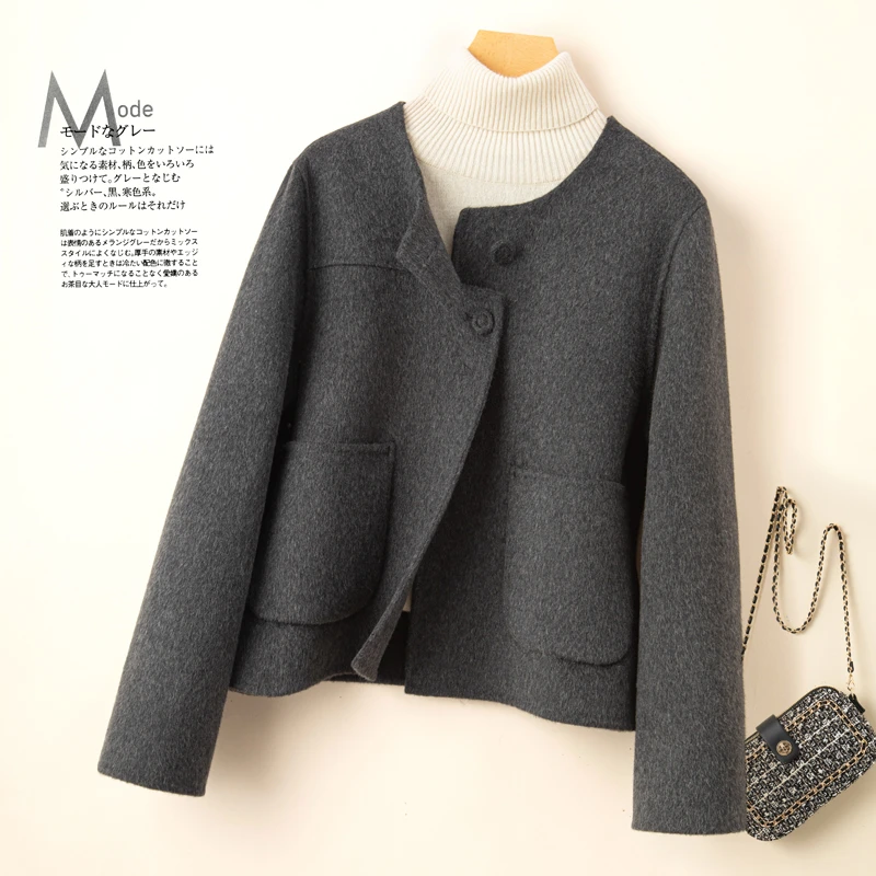 春秋毛呢短外套小个子短款纯羊毛双面呢大衣小香风外套