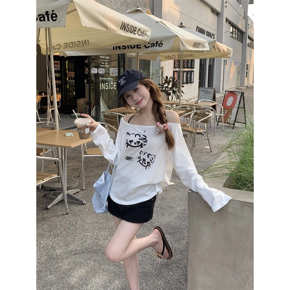 纯欲风露肩长袖防晒T恤女薄款宽松慵懒舒适百搭防晒罩衫上衣ins