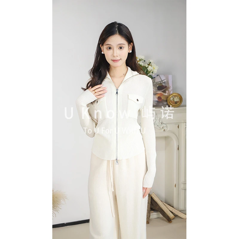 纯色羊毛衫新款秋季时尚法式高级感Polo领针织双拉链开衫外套0701